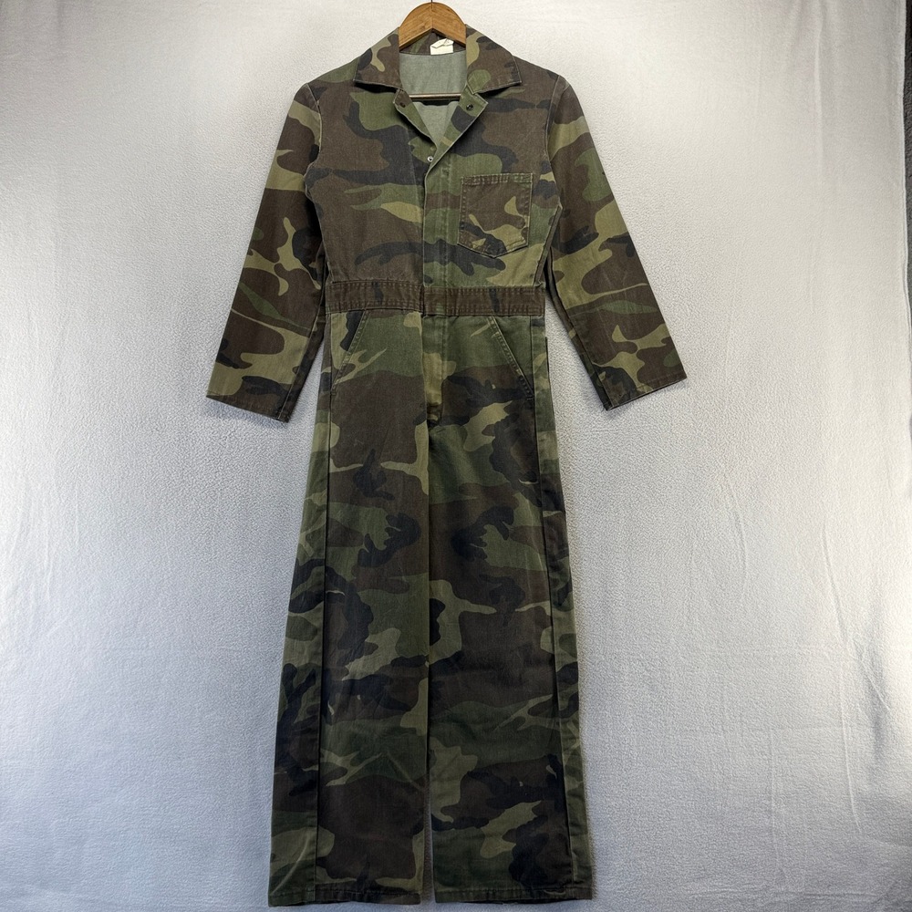 Vintage Military Coveralls Boys 14 Green Woodland Flyers Jumpsuit Made In USA